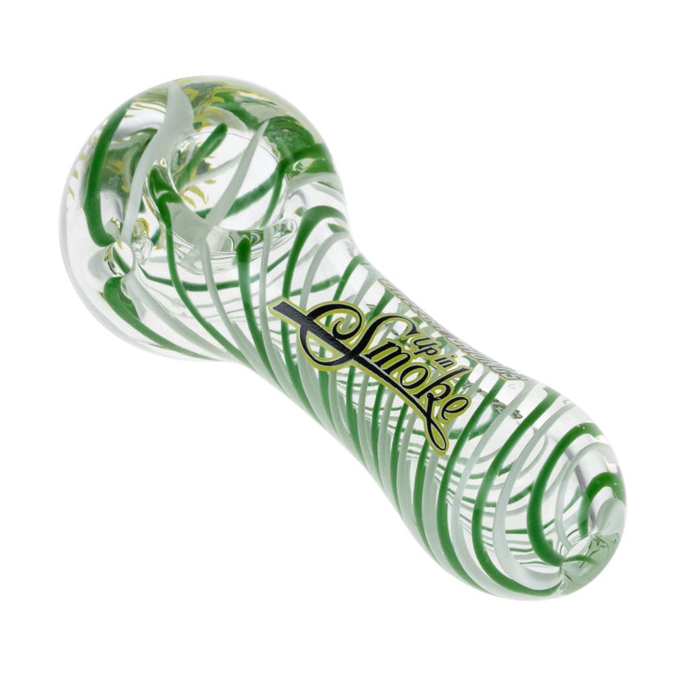 A studio shot of the Up In Smoke Spoon Pipe, featuring a spiraling green and clear glass design, presented at a slight angle.