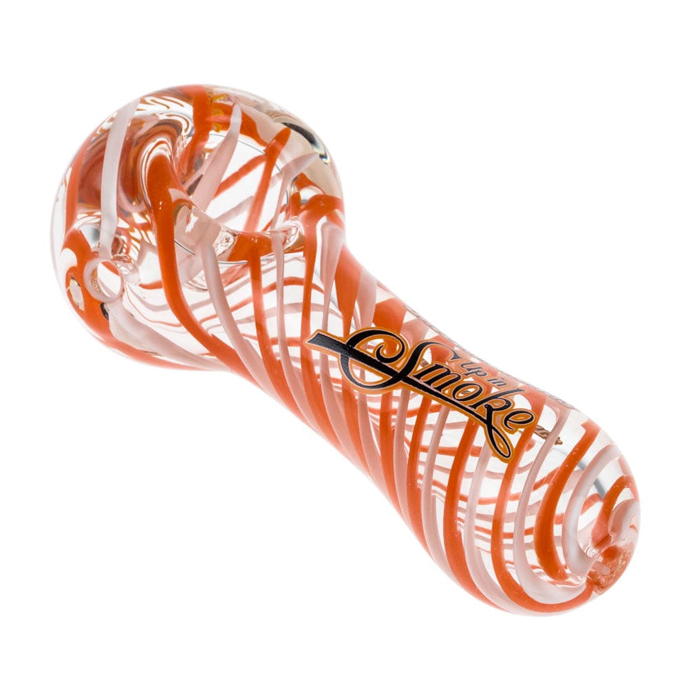 A side view of the Up In Smoke Spoon Pipe, featuring a red and clear glass swirl design.