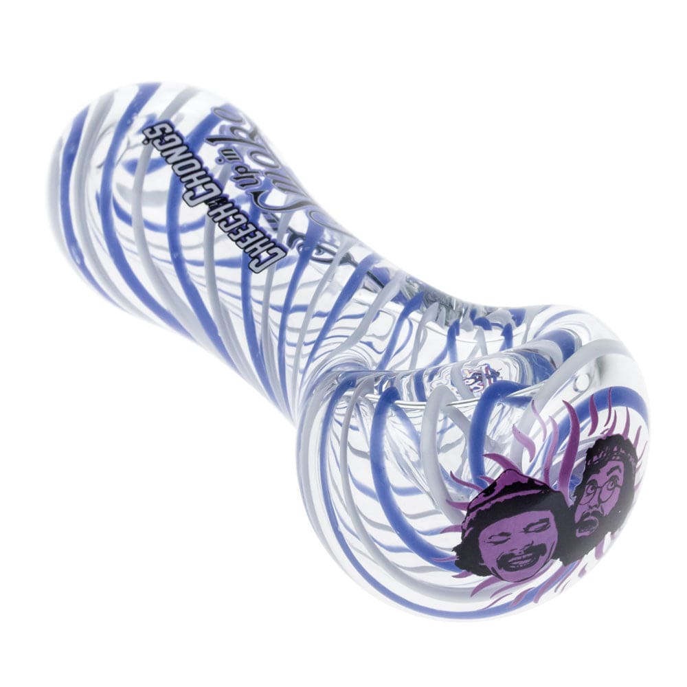 A close-up, angled view of the Up In Smoke Spoon Pipe, featuring swirling blue and white glass.