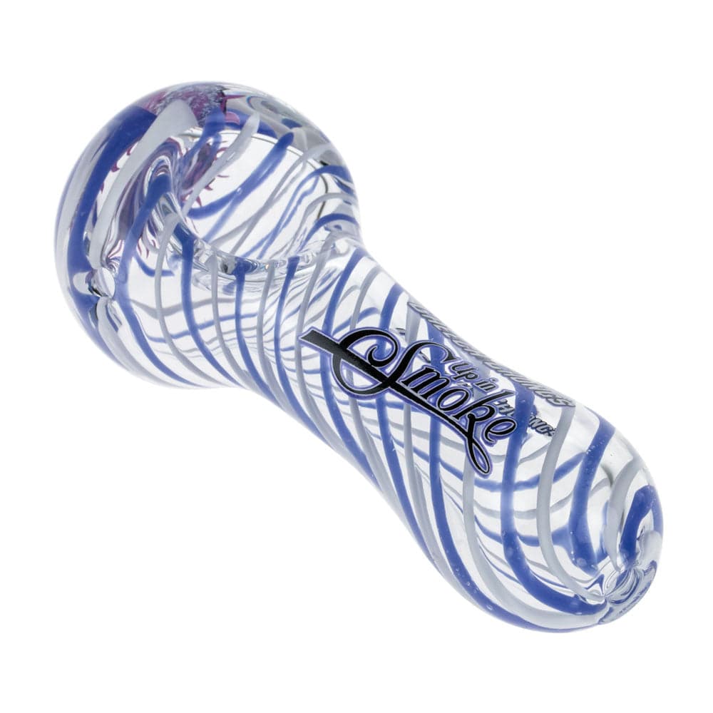 A side view of the Up In Smoke Spoon Pipe, featuring a colorful, swirling glass design.