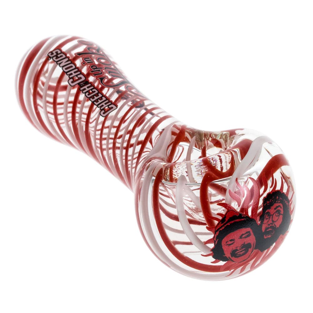 A three-quarter view of the Up In Smoke Spoon Pipe, showcasing a colorful, swirling glass design.