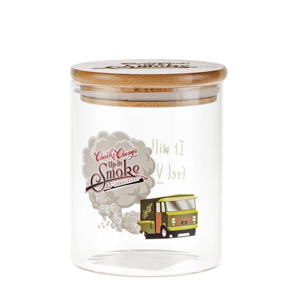 Front view of the Up In Smoke 40th Anniversary Big Green Van Stash Jar, showcasing a detailed, vintage van design on a ceramic jar.