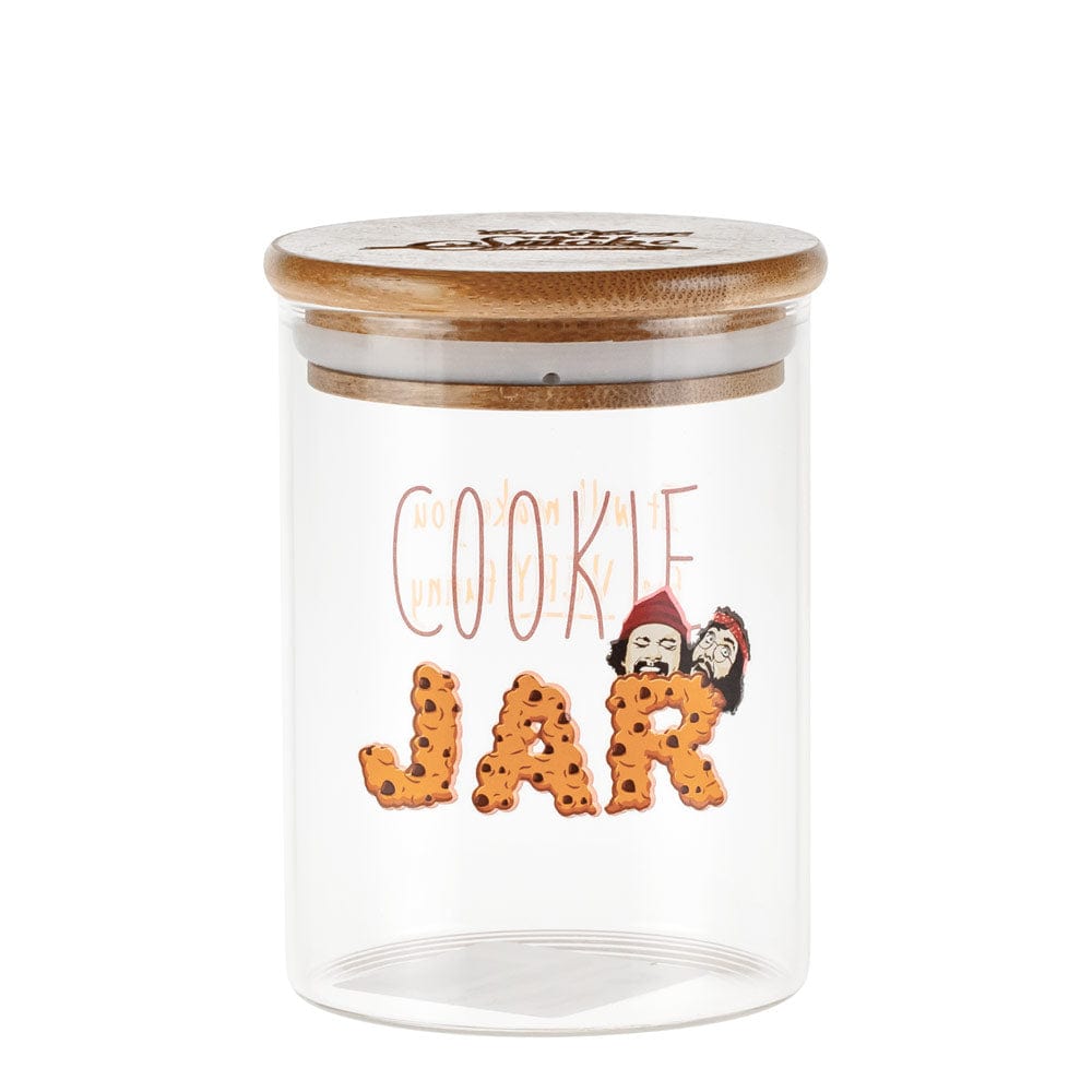 Front view of the Up In Smoke 40th Anniversary Cookie Stash Jar, a clear glass container with a wooden lid.