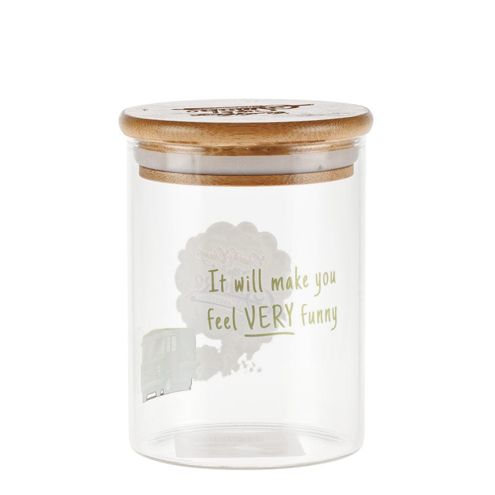 Front view of the Up In Smoke 40th Anniversary Big Green Van Stash Jar, a clear glass jar with a vintage van design.