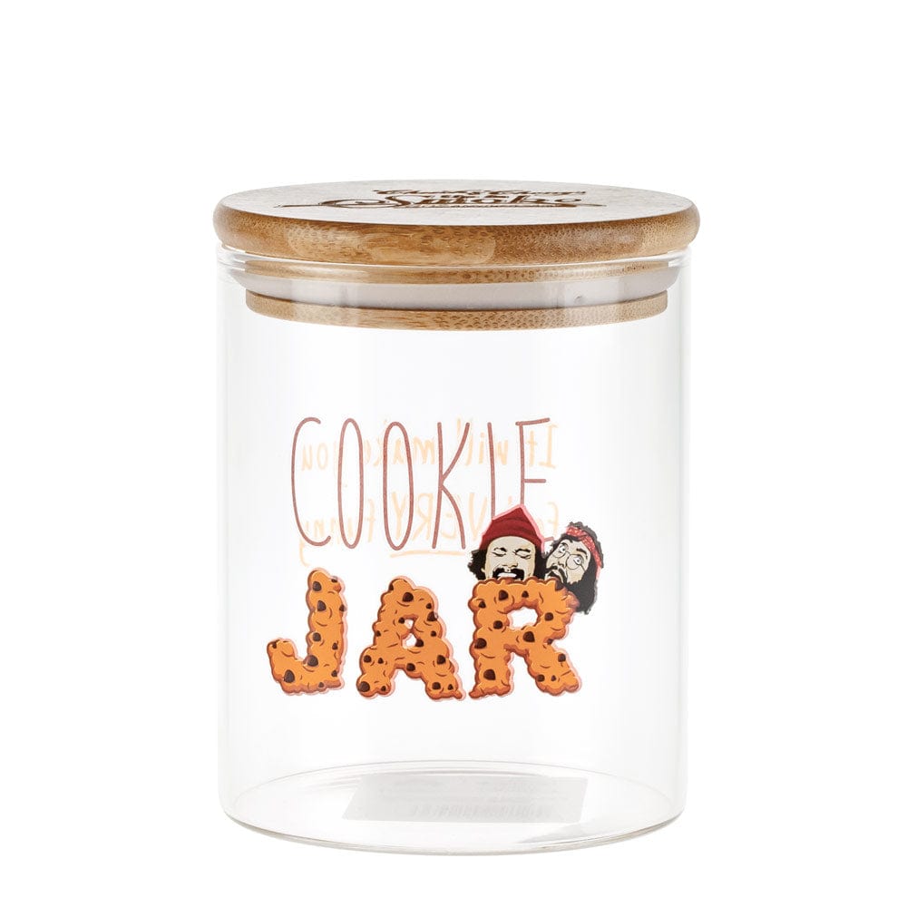Front view of the Up In Smoke 40th Anniversary Cookie Stash Jar, a clear glass jar with a wooden lid.