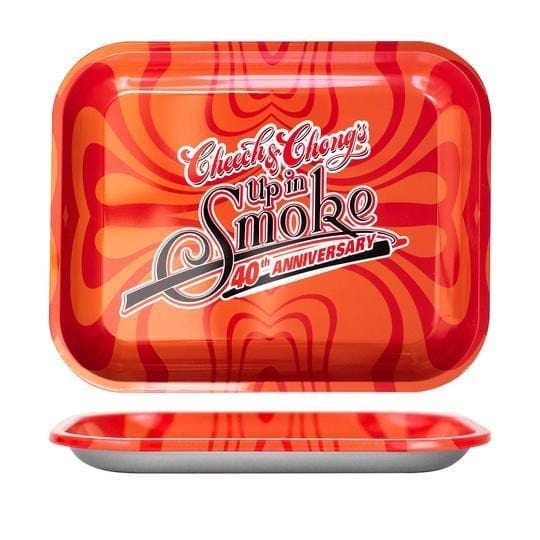 The Up In Smoke 40th Anniversary Red Tray is shown from above, a rectangular, glossy red surface with no visible contents.