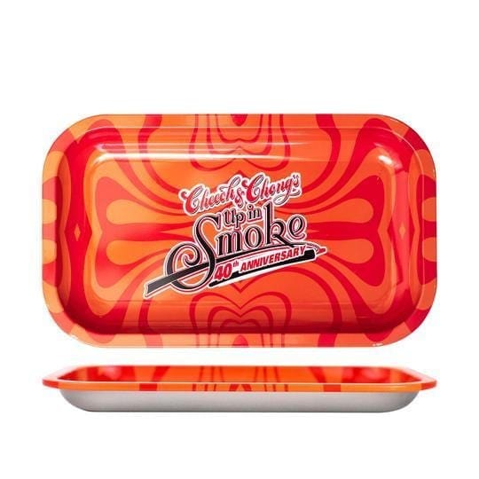 Overhead view of the Up In Smoke 40th Anniversary Red Tray, showcasing its glossy red surface and rectangular shape.