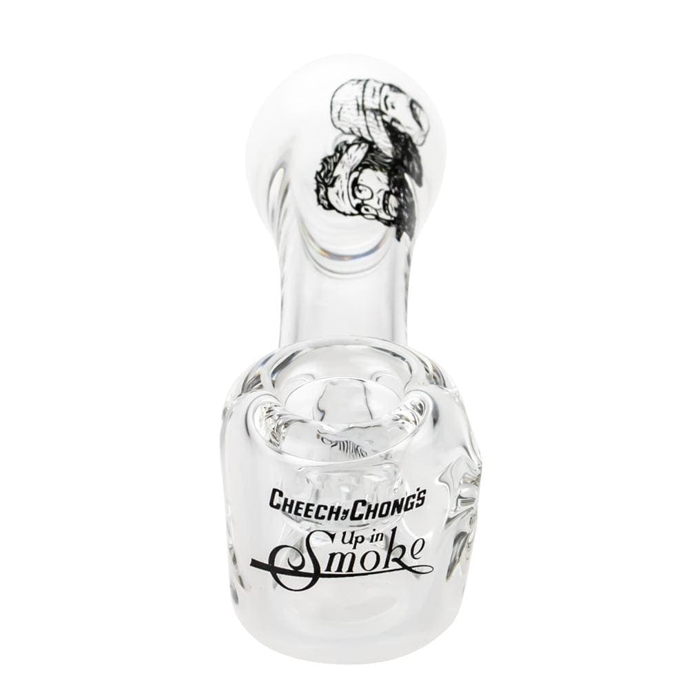A side view of the CHEECH & CHONG FAMOUS X 4 IN SHERLOCK HAND PIPE, showing its curved design in clear glass.