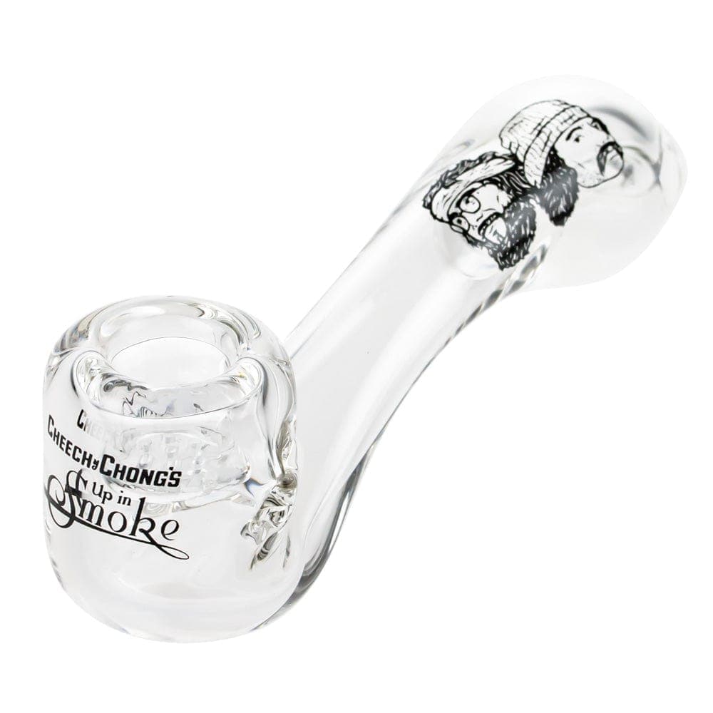 Close-up view of the CHEECH & CHONG FAMOUS X 4 IN SHERLOCK HAND PIPES, showcasing its curved design against a plain white background.