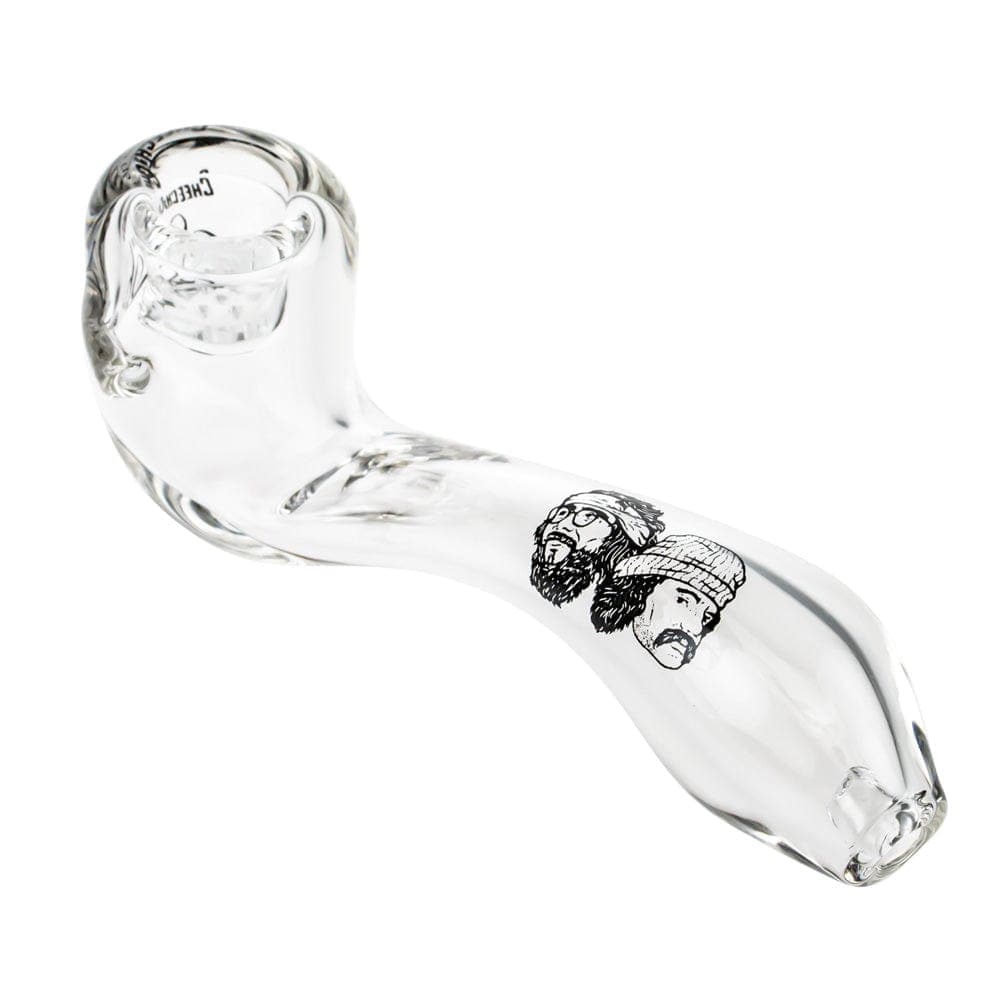 A side view of the CHEECH & CHONG FAMOUS X 4 IN SHERLOCK HAND PIPES, showing the curved bowl and stem in clear glass.