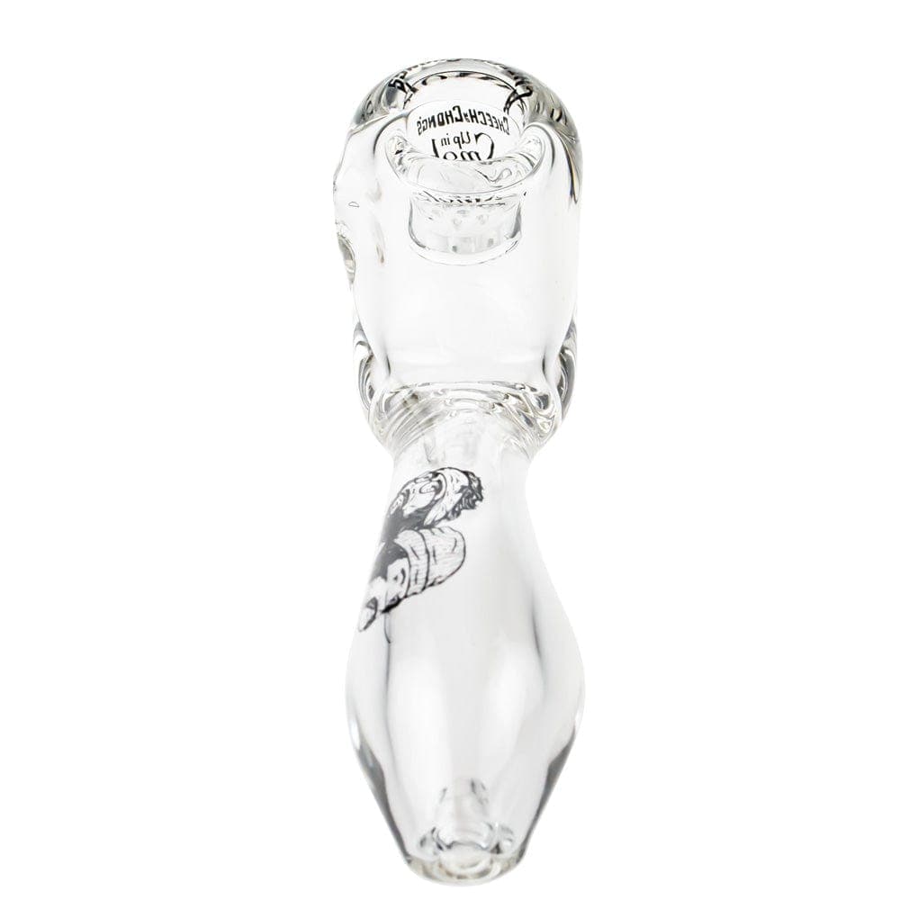 A side view of the CHEECH & CHONG FAMOUS X 4 IN SHERLOCK HAND PIPES, showing the clear glass curved stem and bowl.