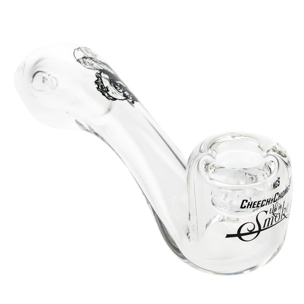 A side view of the CHEECH & CHONG FAMOUS X 4 IN SHERLOCK HAND PIPES, showing its curved shape and clear glass construction.