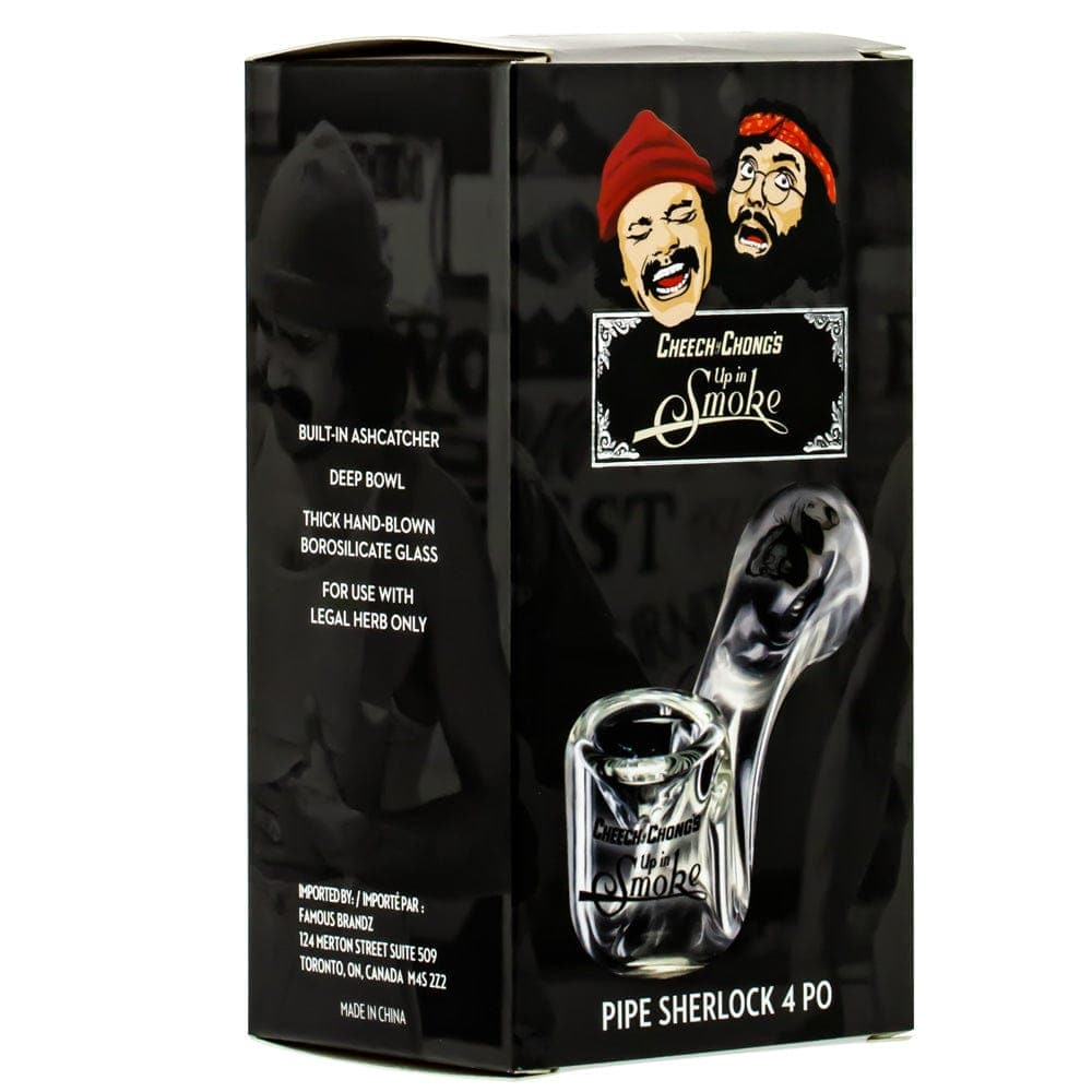 A studio shot of the CHEECH & CHONG FAMOUS X 4 IN SHERLOCK HAND PIPES, with a logo centered on the dark-colored ceramic pipe.