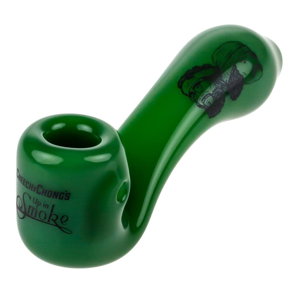 A close-up, angled view of the CHEECH & CHONG FAMOUS X 4 IN SHERLOCK HAND PIPE, showcasing its green, curved design.