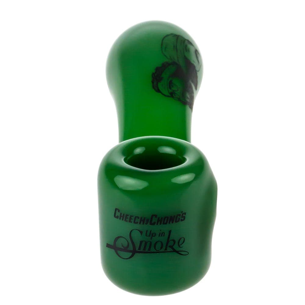 A close-up, angled view of the CHEECH & CHONG FAMOUS X 4 IN SHERLOCK HAND PIPE, showcasing its green, curved design.