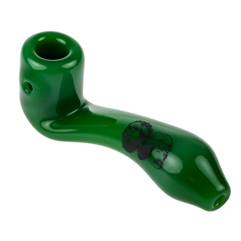 A three-quarter view of the CHEECH & CHONG FAMOUS X 4 IN SHERLOCK HAND PIPE, a green glass pipe resembling a classic Sherlock Holmes design.