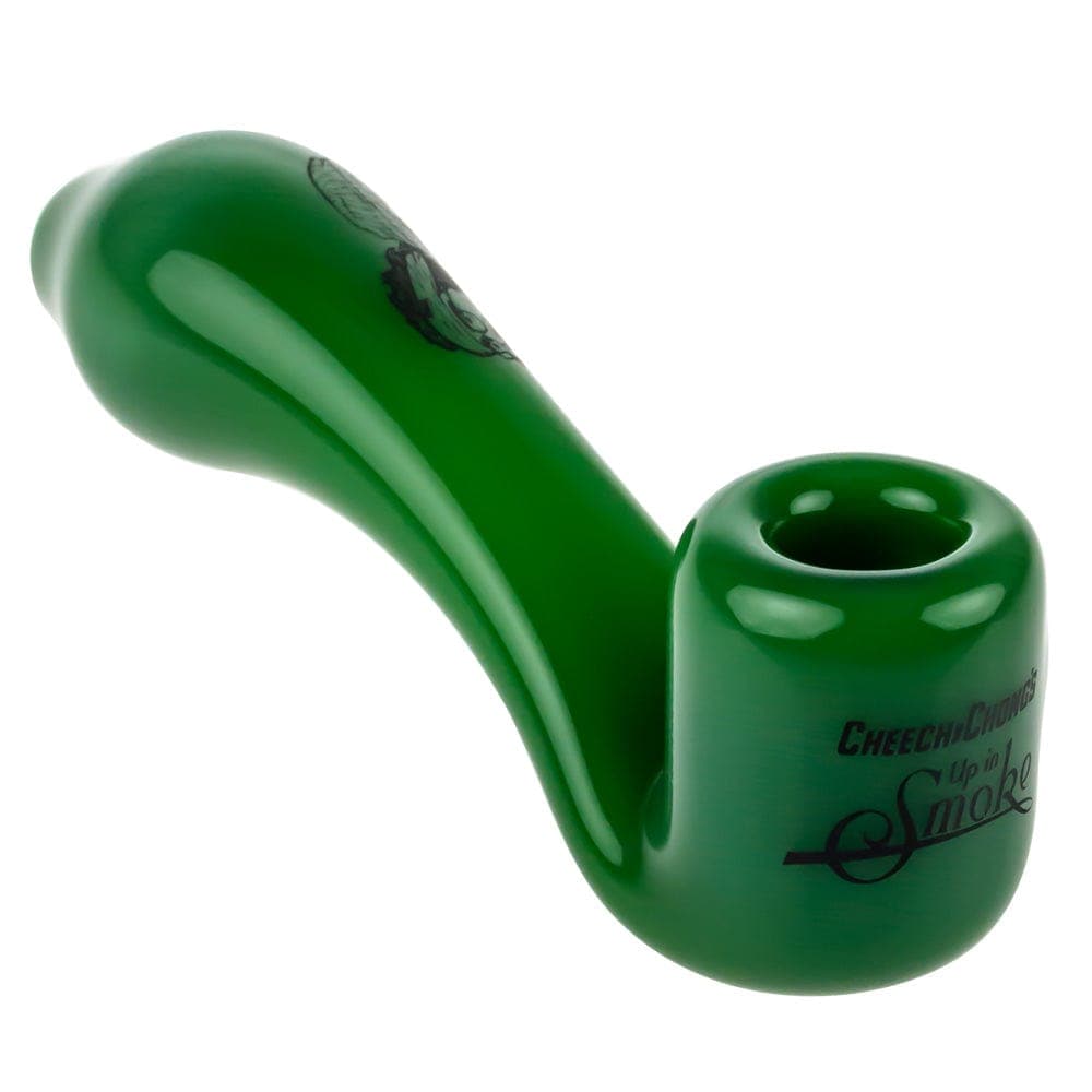 A side view of the CHEECH & CHONG FAMOUS X 4 IN SHERLOCK HAND PIPE, showcasing the curved bowl and stem in a glossy finish.