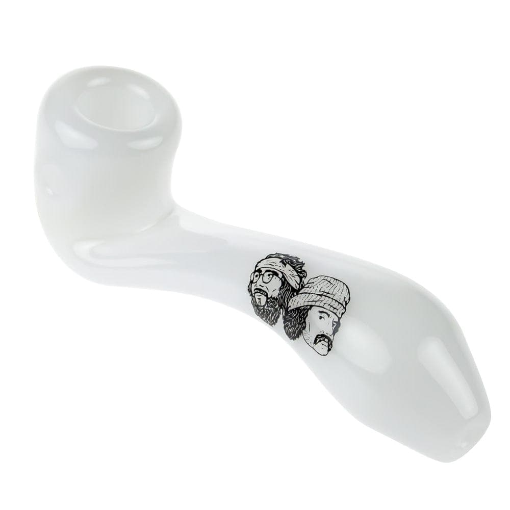 A side view of the CHEECH & CHONG FAMOUS X 4 IN SHERLOCK HAND PIPES, displaying the curved shape of the brown pipe against a white background.
