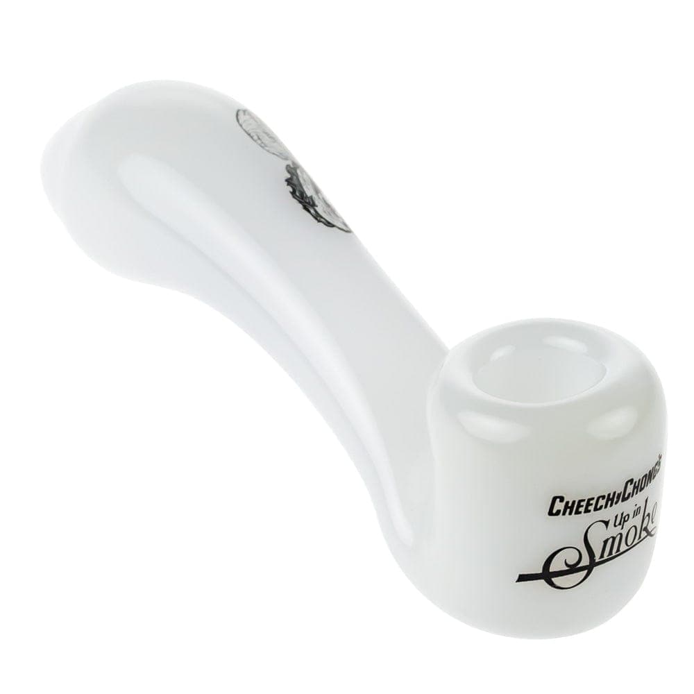 A three-quarter view of the CHEECH & CHONG FAMOUS X 4 IN SHERLOCK HAND PIPES, showcasing its curved shape against a plain white background.