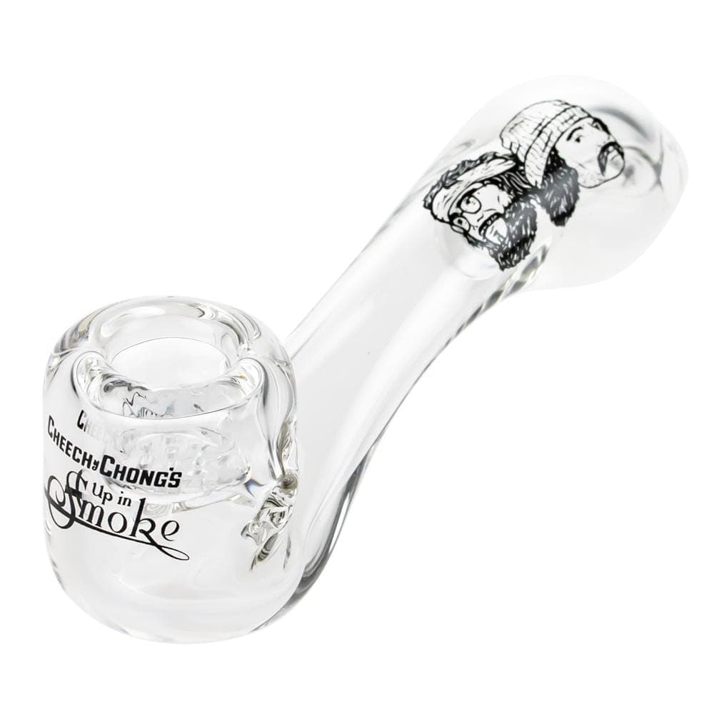 A detailed side view of the CHEECH & CHONG FAMOUS X 4 IN SHERLOCK HAND PIPES, showcasing its sculpted design in clear glass.