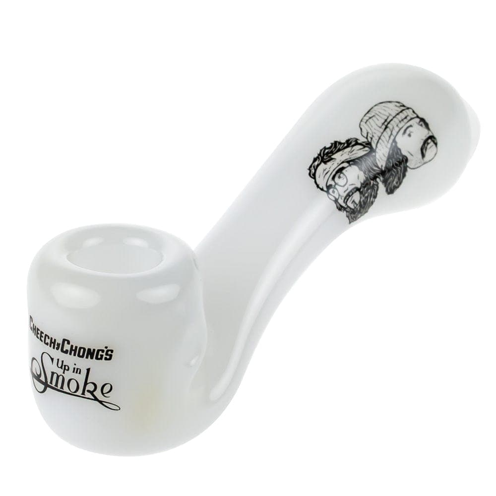 A side view of the CHEECH & CHONG FAMOUS X 4 IN SHERLOCK HAND PIPE, showcasing its curved shape and smooth finish.