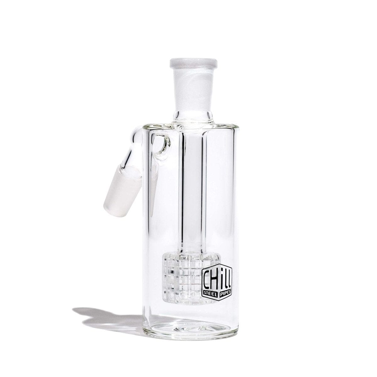 A side view of the Chill Glass Ash Catcher, a clear glass attachment with a rounded base and angled stem.
