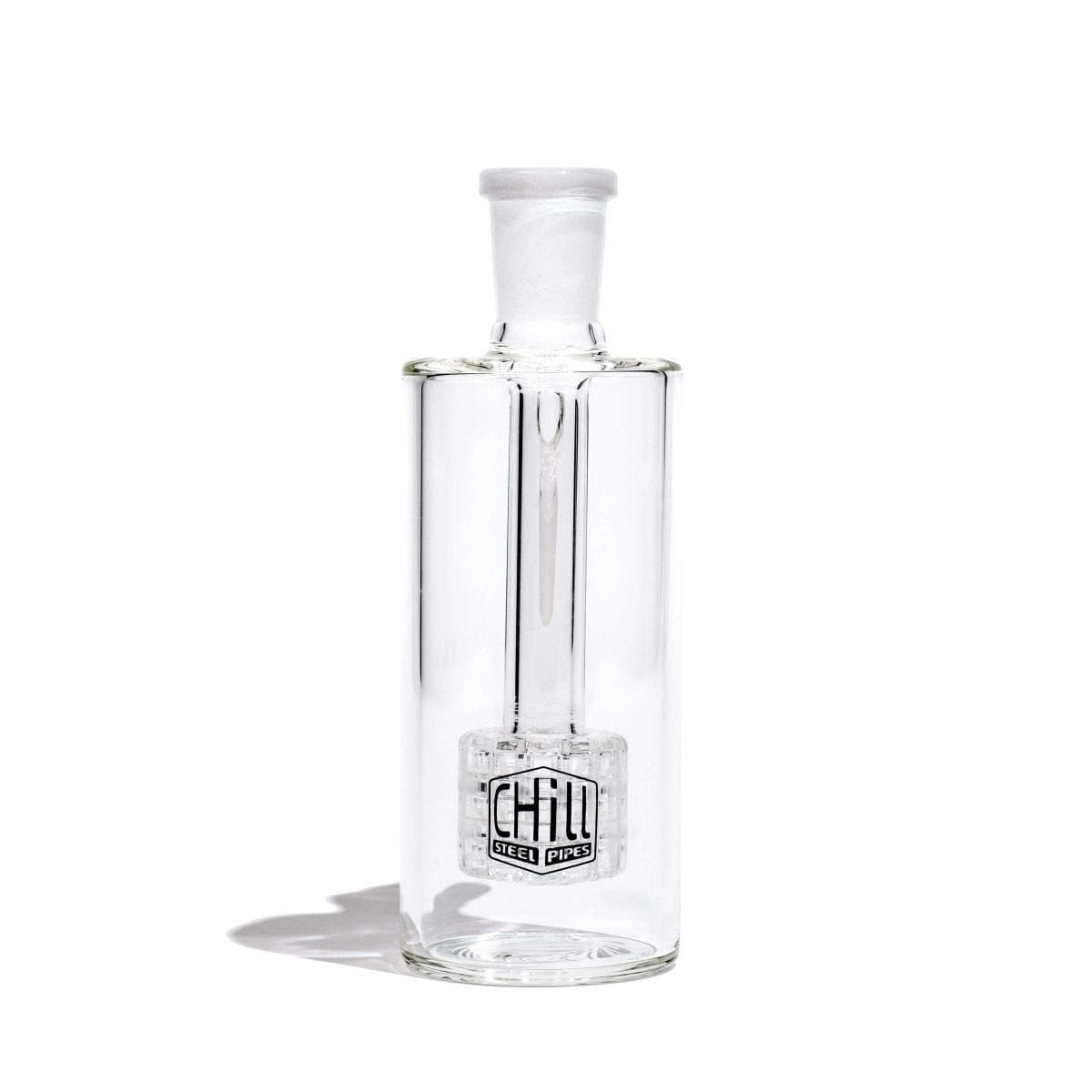 A studio shot of the Chill Glass Ash Catcher, showcasing its clear glass construction and cylindrical form.
