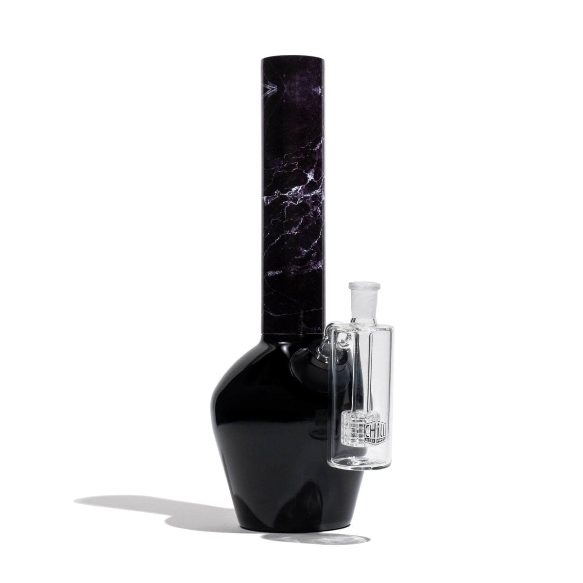 A front view of the Chill Glass Ash Catcher, showcasing its smooth, dark glass construction against a plain white backdrop.
