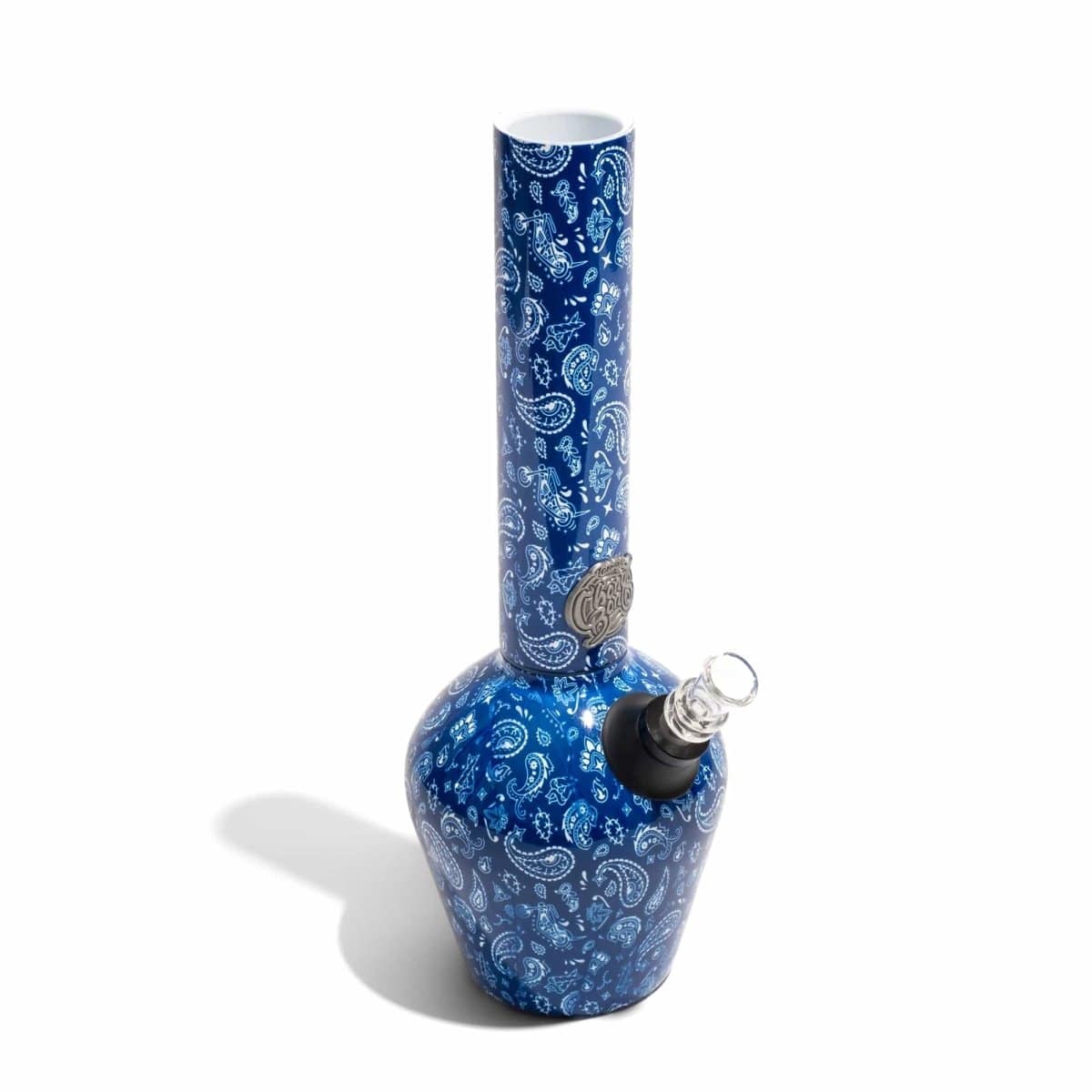 Front view of the Limited Edition Tommy Chong Chill Bong, a blue glass water pipe casting a soft shadow.