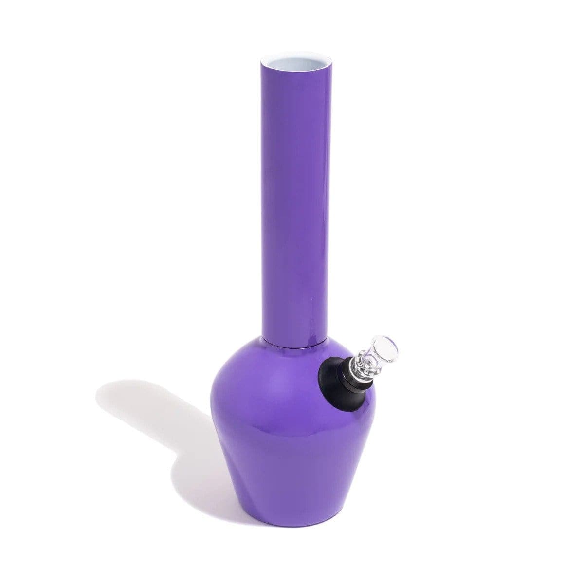 A front view of the Chill Steel Pipes Mix & Match Series Water Pipe, a purple glass water pipe casting a soft shadow on a white surface.