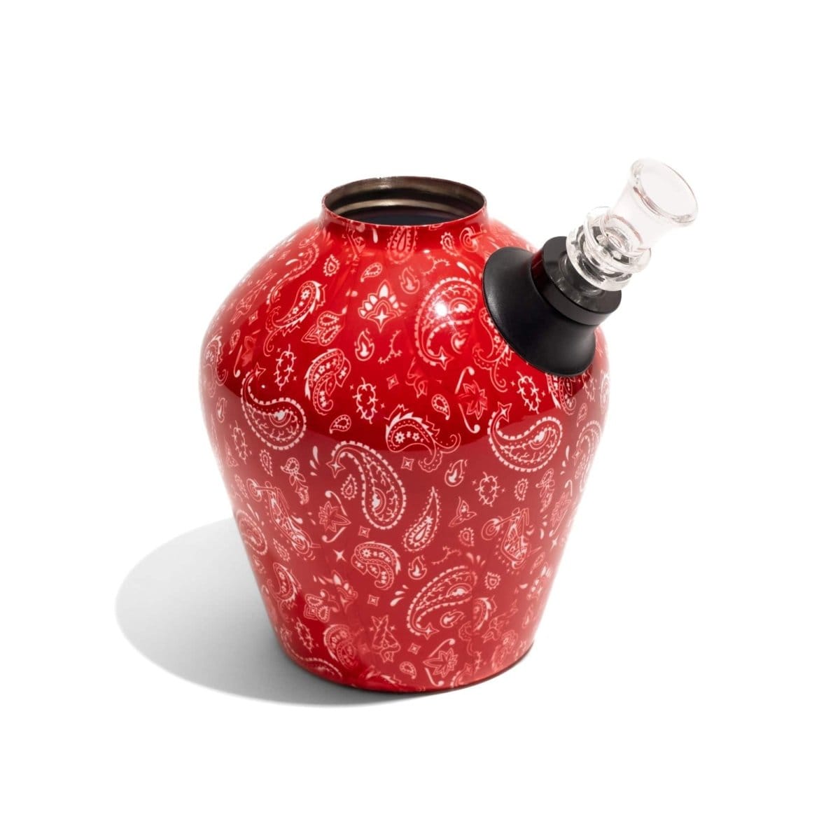 Front view of the Limited Edition Tommy Chong Chill Bong, featuring a red patterned glass body and visible joint.