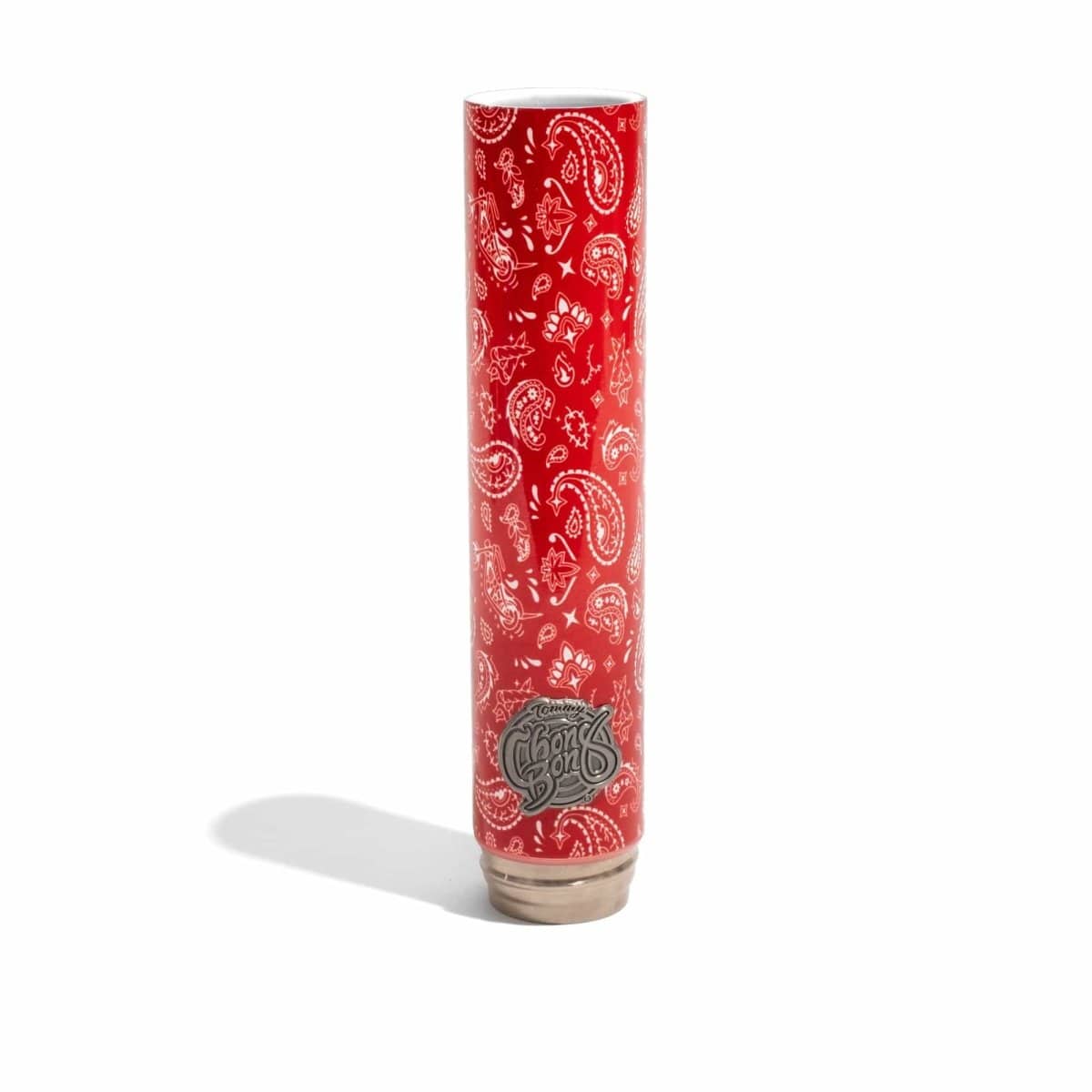 Front view of the Limited Edition Tommy Chong Chill Bong, featuring a red and white patterned design on a cylindrical shape.