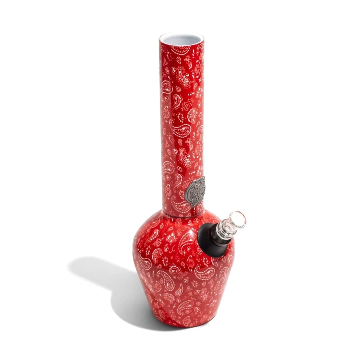 Front view of the Limited Edition Tommy Chong Chill Bong, a red glass bong casting a soft shadow on a plain white background.