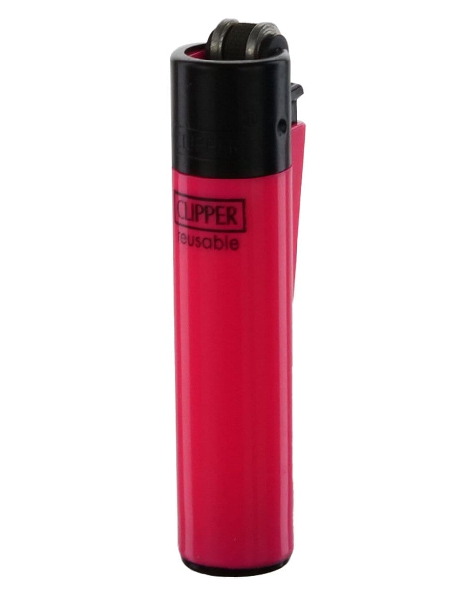 A close-up, angled view of the Clipper Micro Lighter, showing its slim, red plastic casing and silver striker wheel.