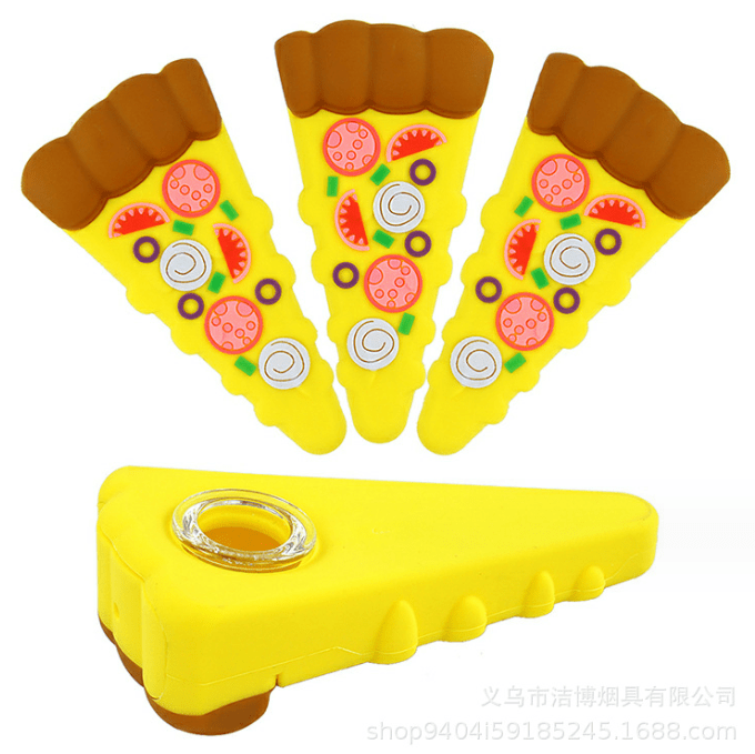 A brightly lit, angled view of the 4'' Silicone Pizza Slice Hand Pipe, showcasing its realistic slice design and vibrant color.