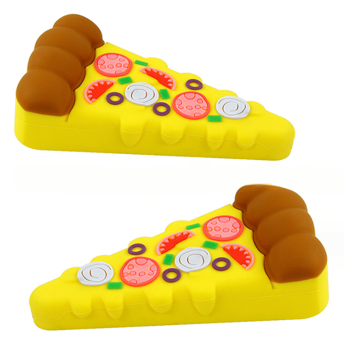 A close-up, angled view of the 4'' Silicone Pizza Slice Hand Pipe, showcasing its colorful, patterned design.