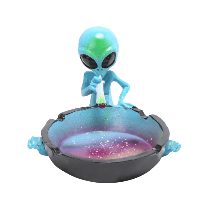 A top-down view of the Ceramic Smoking Alien Ashtray Ash Catcher, showcasing its detailed alien design in a glossy, ceramic finish.