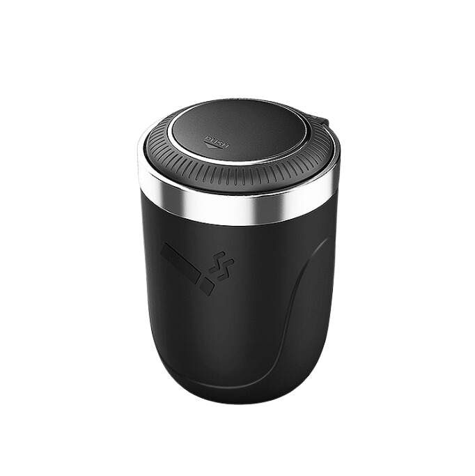 A close-up, top-down view of the Light Metal Car Cupholder Ashtray with Push Open Lid, showing its sleek, dark metal design.