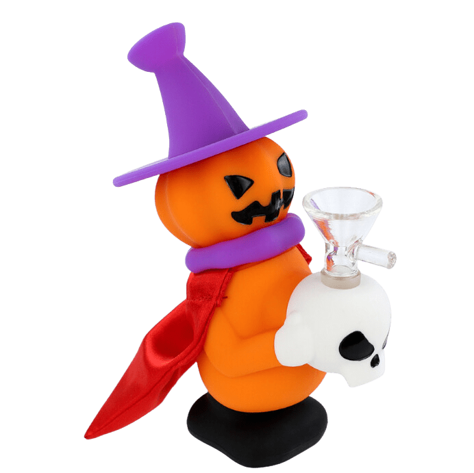 Front view of the 7'' Silicone Halloween Jack O'Lantern Witch Water Pipe Mini Bong, featuring a pumpkin-shaped design with a witch hat.
