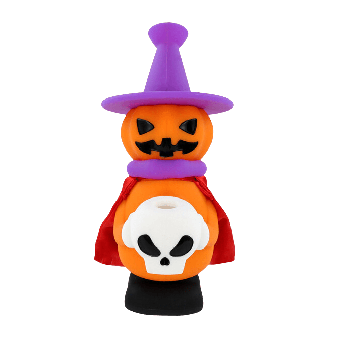 Front view of the 7'' Silicone Halloween Jack O'Lantern Witch Water Pipe Mini Bong, displaying a playful, orange and purple design.