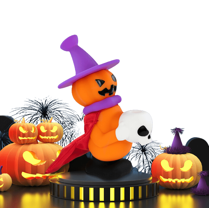 A front view of the 7'' Silicone Halloween Jack O'Lantern Witch Water Pipe Mini Bong, surrounded by pumpkins and glowing against a dark backdrop.