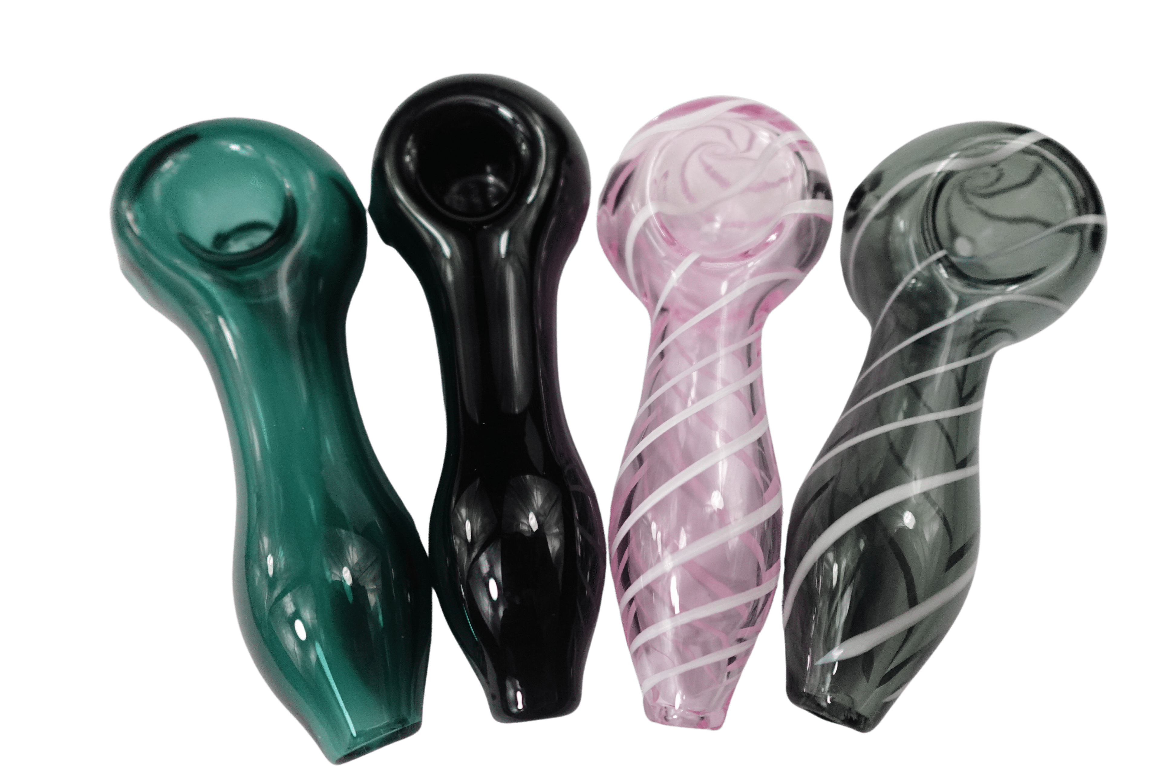 A close-up, angled view of the 4'' Simple Classic Heavy Duty Glass Spoon Hand Pipe in assorted colors, arranged against a plain white background.
