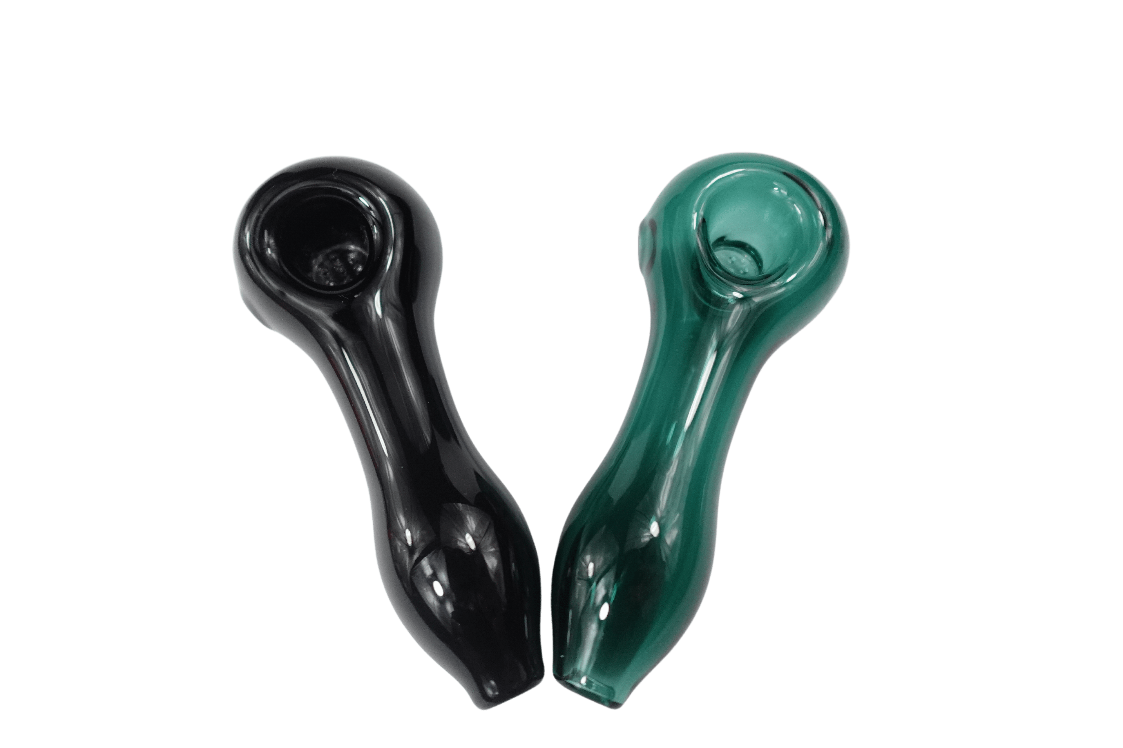 A side view of the 4'' Simple Classic Heavy Duty Glass Spoon Hand Pipe, showing two pipes angled toward each other on a plain white background.