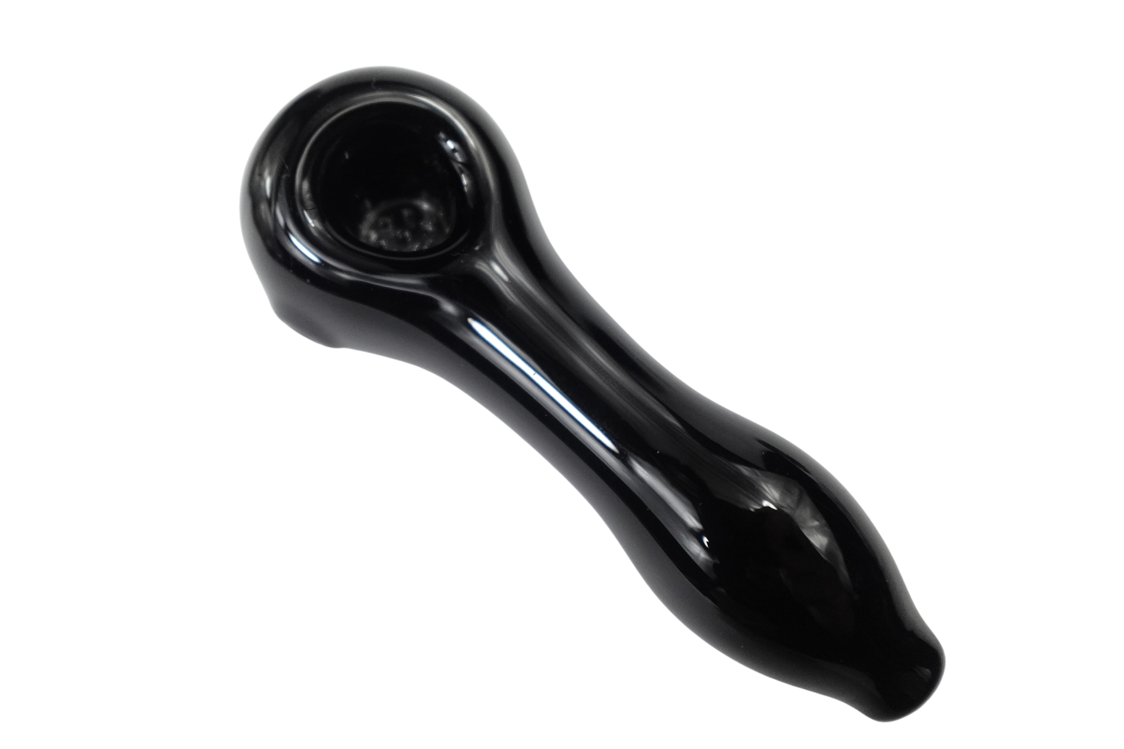 A side view of the 4'' Simple Classic Heavy Duty Glass Spoon Hand Pipe, showing its dark glass construction and curved form.