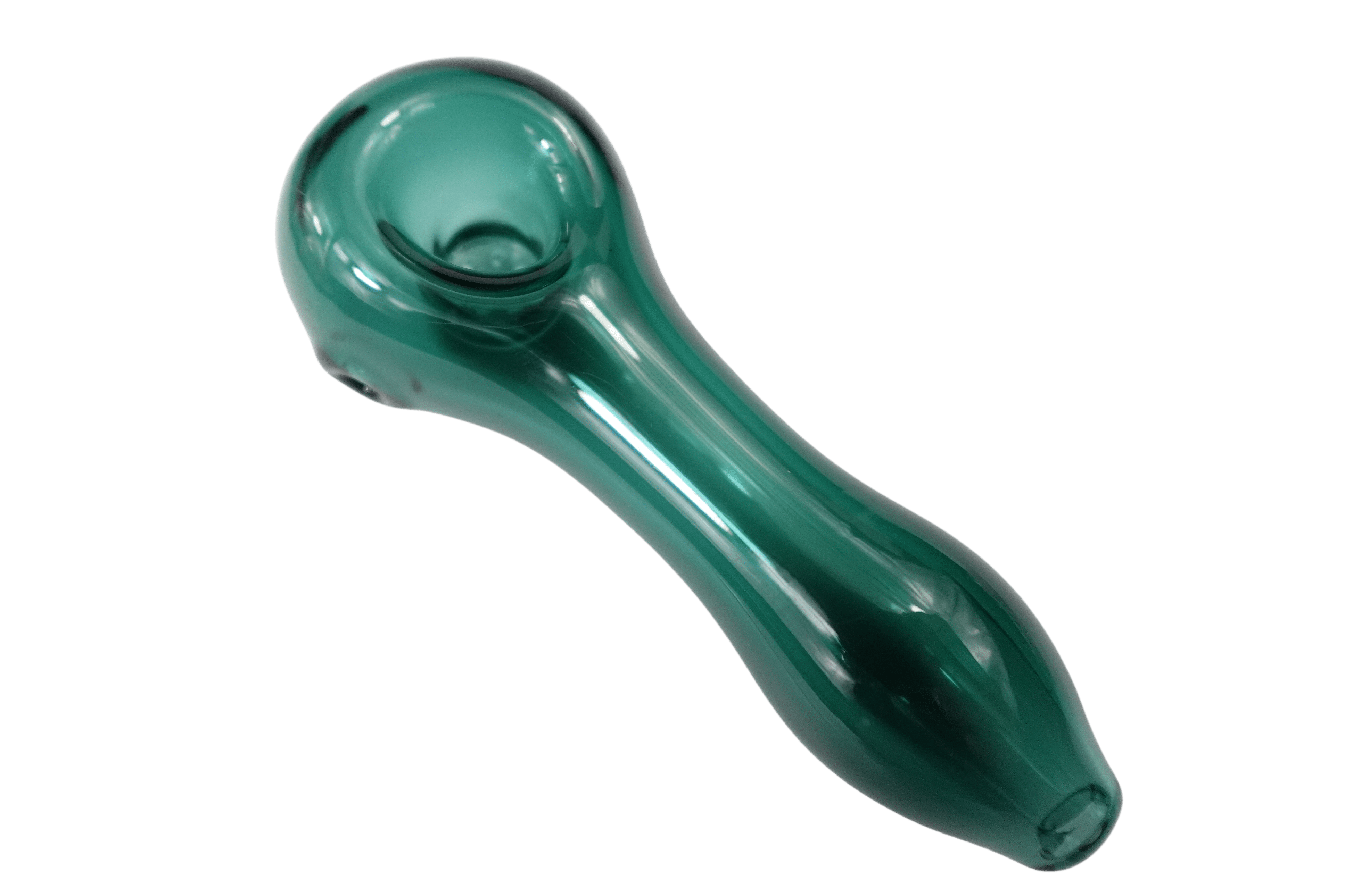 A side view of the 4'' Simple Classic Heavy Duty Glass Spoon Hand Pipe, showcasing its curved shape and glossy finish.
