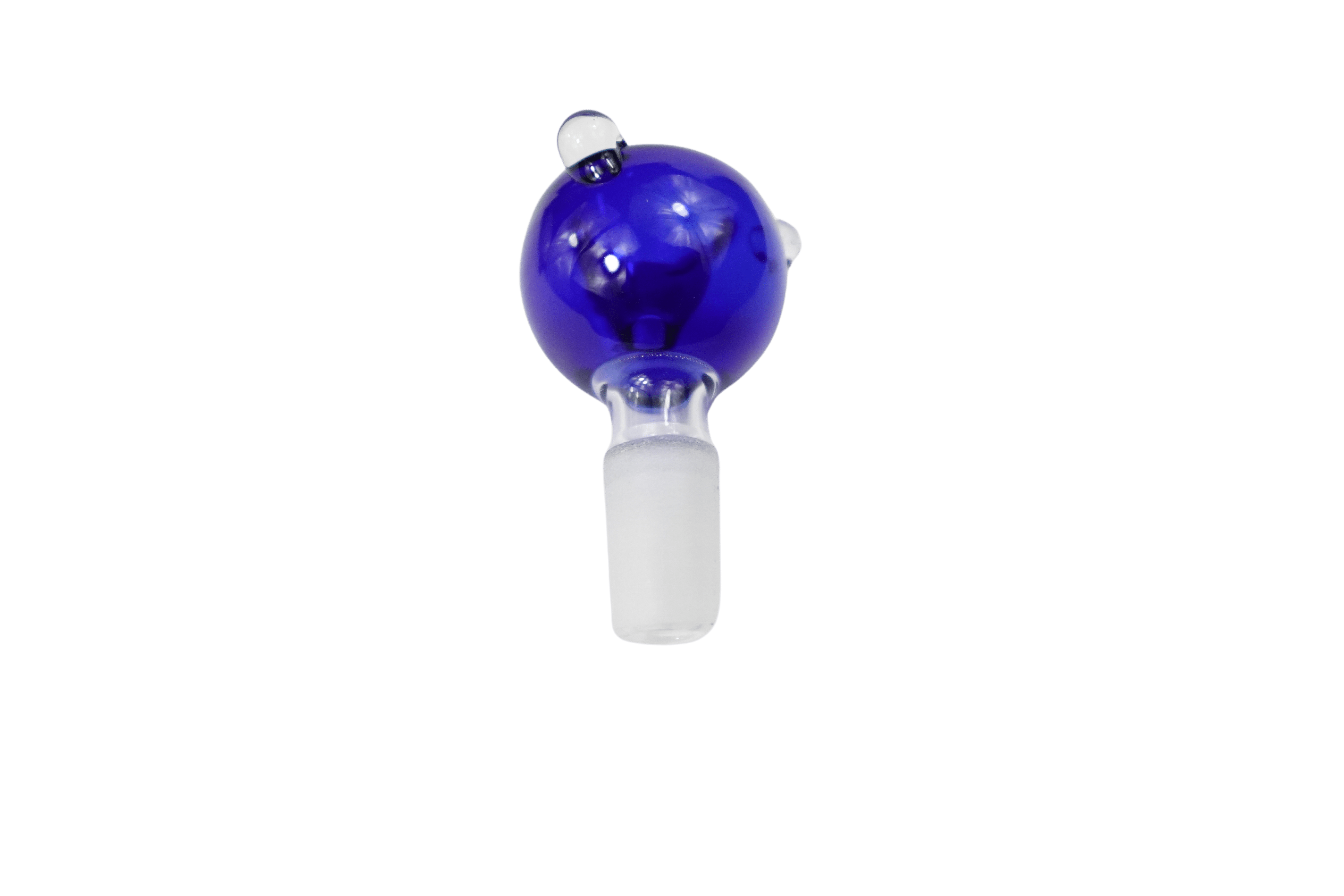 A slightly angled view of the 14.5 mm Male Glass Herb Bowl Glass Bowl, featuring a rounded, blue glass bowl.
