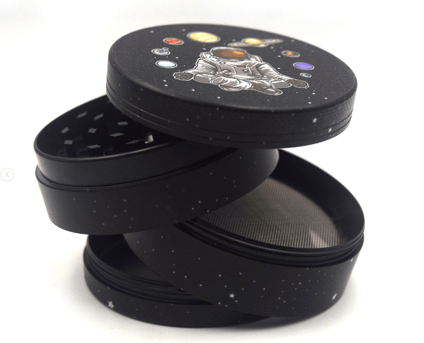 Front view of the 4 Piece 2.5" Trip to the Moon Grinder, displaying its four sections stacked and ready for use.