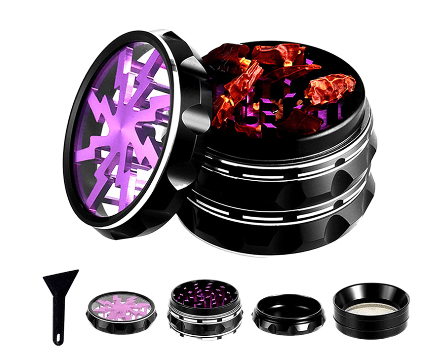 A top-down view of the 4 Piece Aluminum Lighting Teeth Grinder, showing its multi-tiered, silver metal construction with visible ground contents.