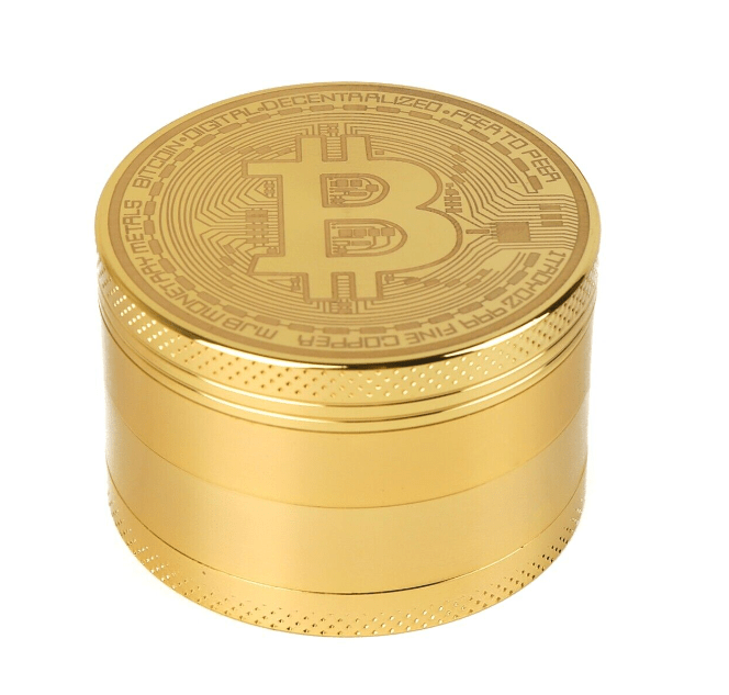 A close-up of the 4 Piece Small Bitcoin Metal Grinder, showcasing its multi-tiered, metallic construction in a circular arrangement.