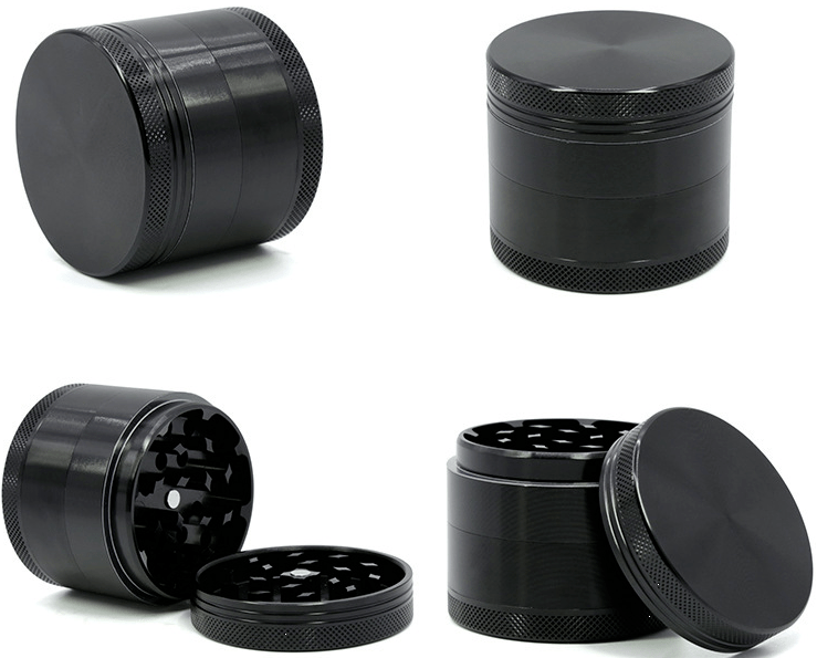 A top-down view of the 4-Piece Aluminum Grinder, with its lid slightly offset, revealing the inner grinding components.